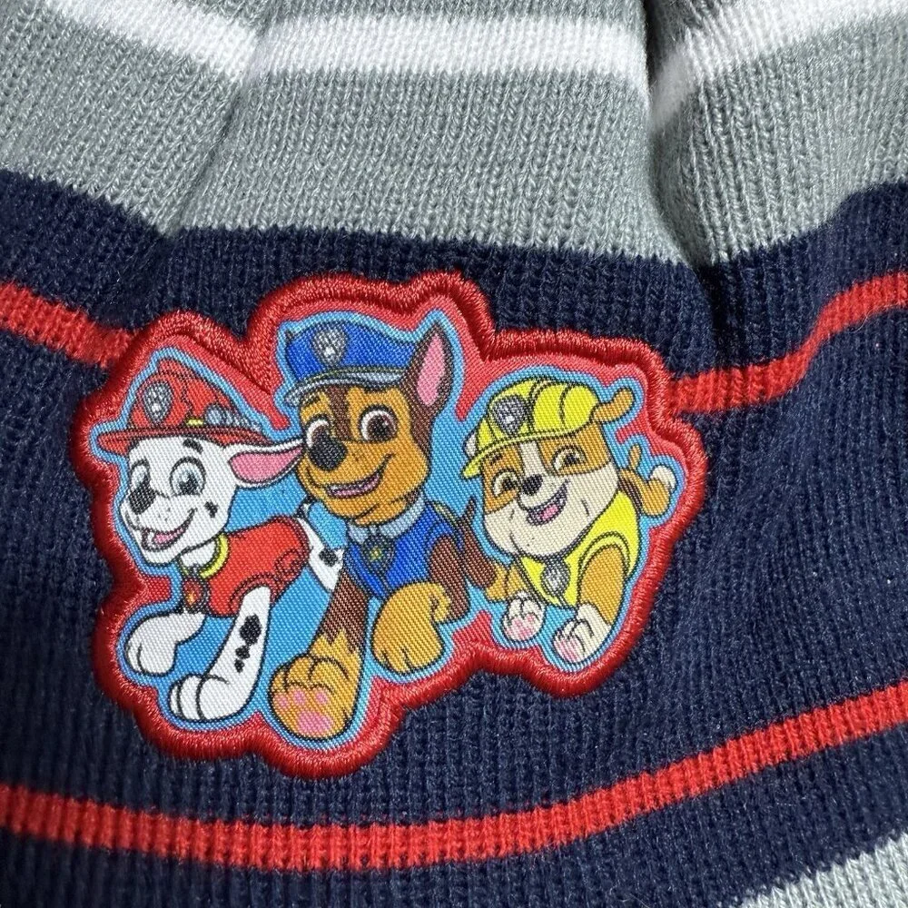 NWT Paw Patrol Pom Beanie & Mittens Set Navy Red Kids One Size